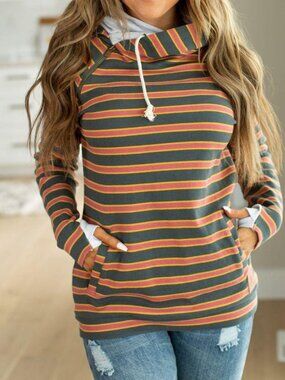 Ampersand Ave DoubleHood Striped Cowl Neck Hoodie Medium Cozy Fall Top
